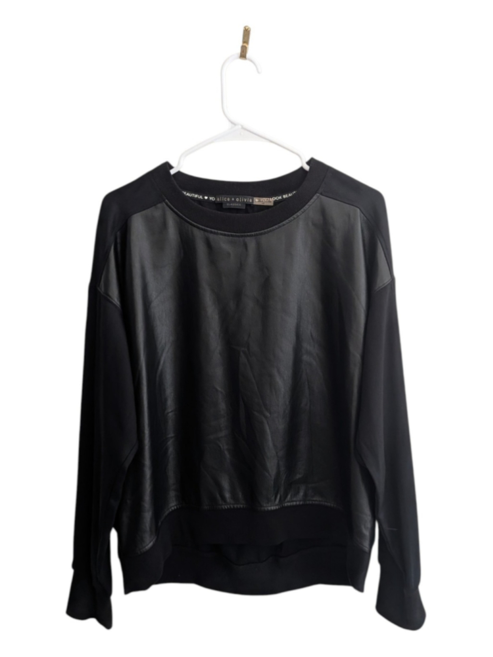 Alice + Olivia Black Faux Leather Front Mixed Media Sweatshirt Size L - Picture 2 of 6